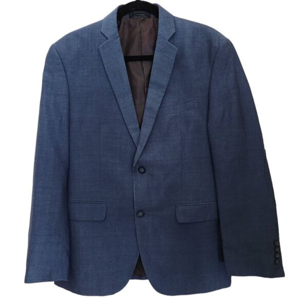Andrew‎ Marc Blazer 38S Wool Linen Sports Coat Elbow Patch Double Vent Blue